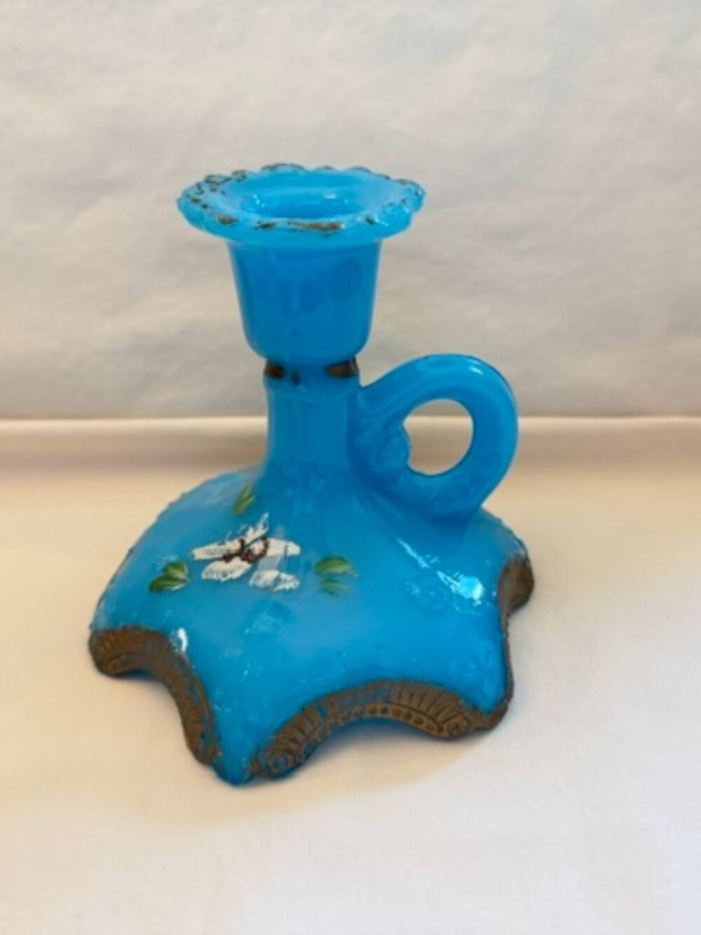 Vintage Blue Milk Glass Chamber Candle Holder